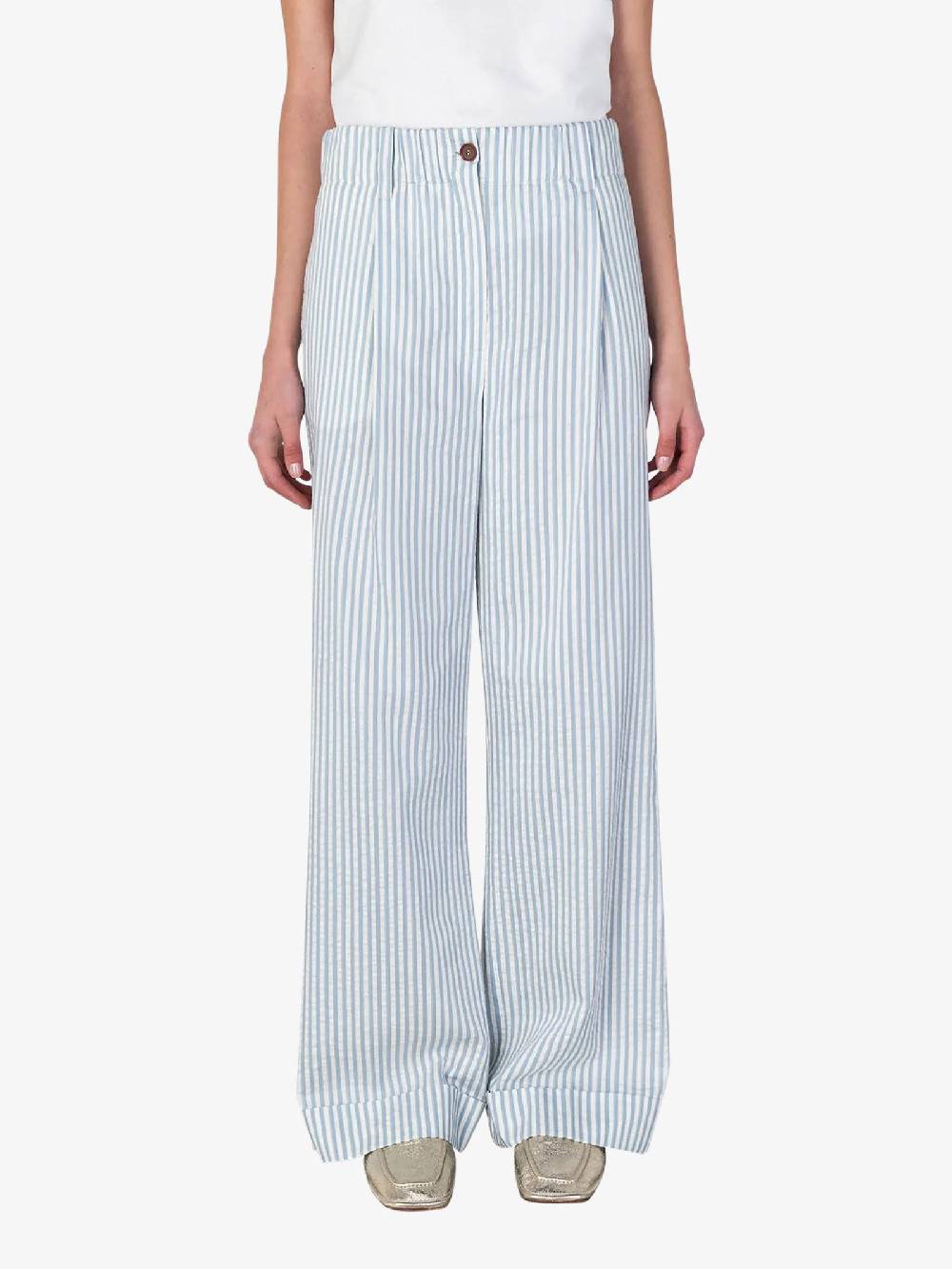 ALYSI Pantalone wide leg a righe 104121P4041 donna cotone azzurro 2025