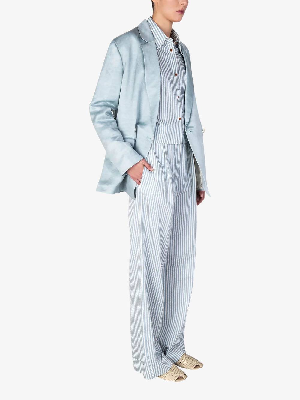 ALYSI Pantalone wide leg a righe 104121P4041 donna cotone azzurro 2025