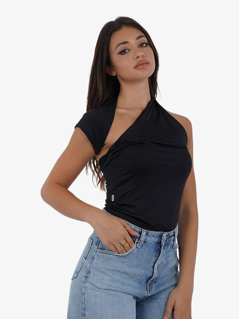 JIJIL T-shirt top monospalla asimmetrico TS217 donna nero Qualità Garantita