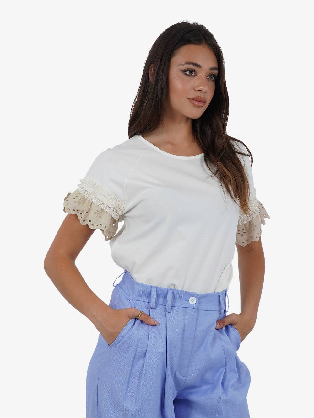 HAVE ONE T-shirt con manica ricamo TJA-L065 donna cotone bianco Consegna Veloce