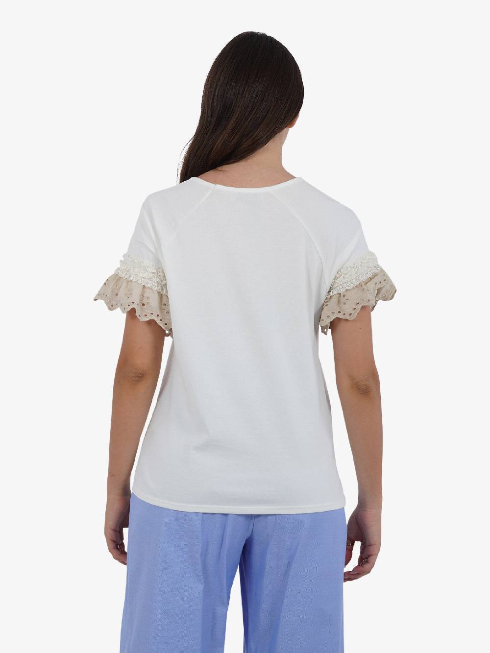 HAVE ONE T-shirt con manica ricamo TJA-L065 donna cotone bianco Consegna Veloce
