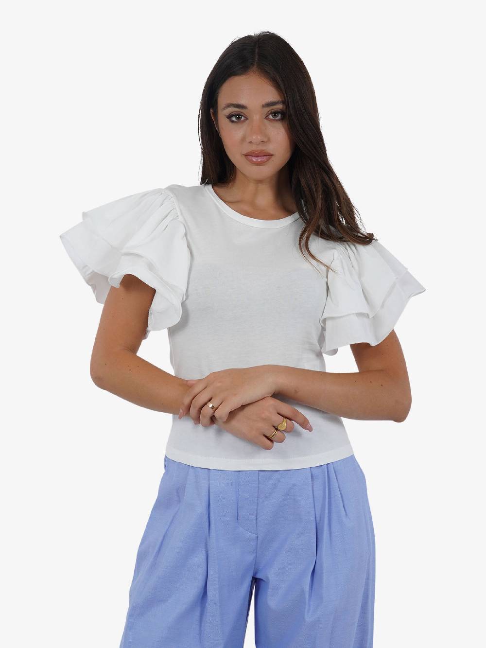 HAVE ONE T-shirt con volant TMI-L013 donna cotone bianco Promozione Limitata