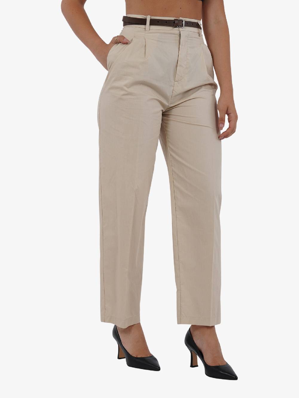 VICOLO Pantalone con pieghe TB2056 donna cotone beige Prezzo Ridotto