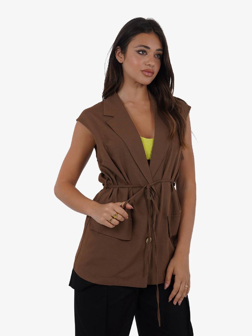 VICOLO Gilet lungo con laccio TB1545 donna viscosa marrone Vendita Calda