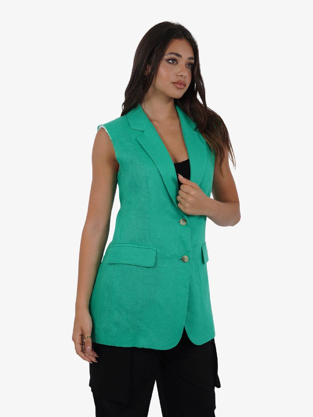 VICOLO Gilet lungo monopetto TB0787 donna lino verde Saldi Di Fabbrica