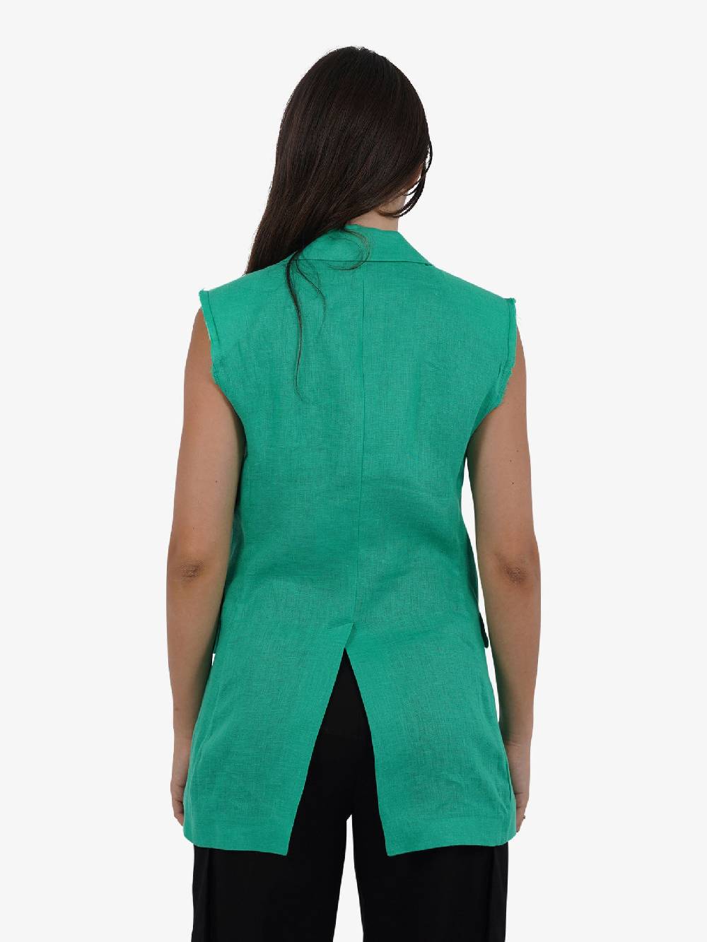 VICOLO Gilet lungo monopetto TB0787 donna lino verde Saldi Di Fabbrica