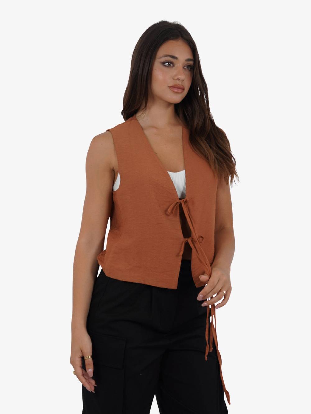 HAVE ONE Gilet con laccetti LVS-L038 donna viscosa marrone In Saldo