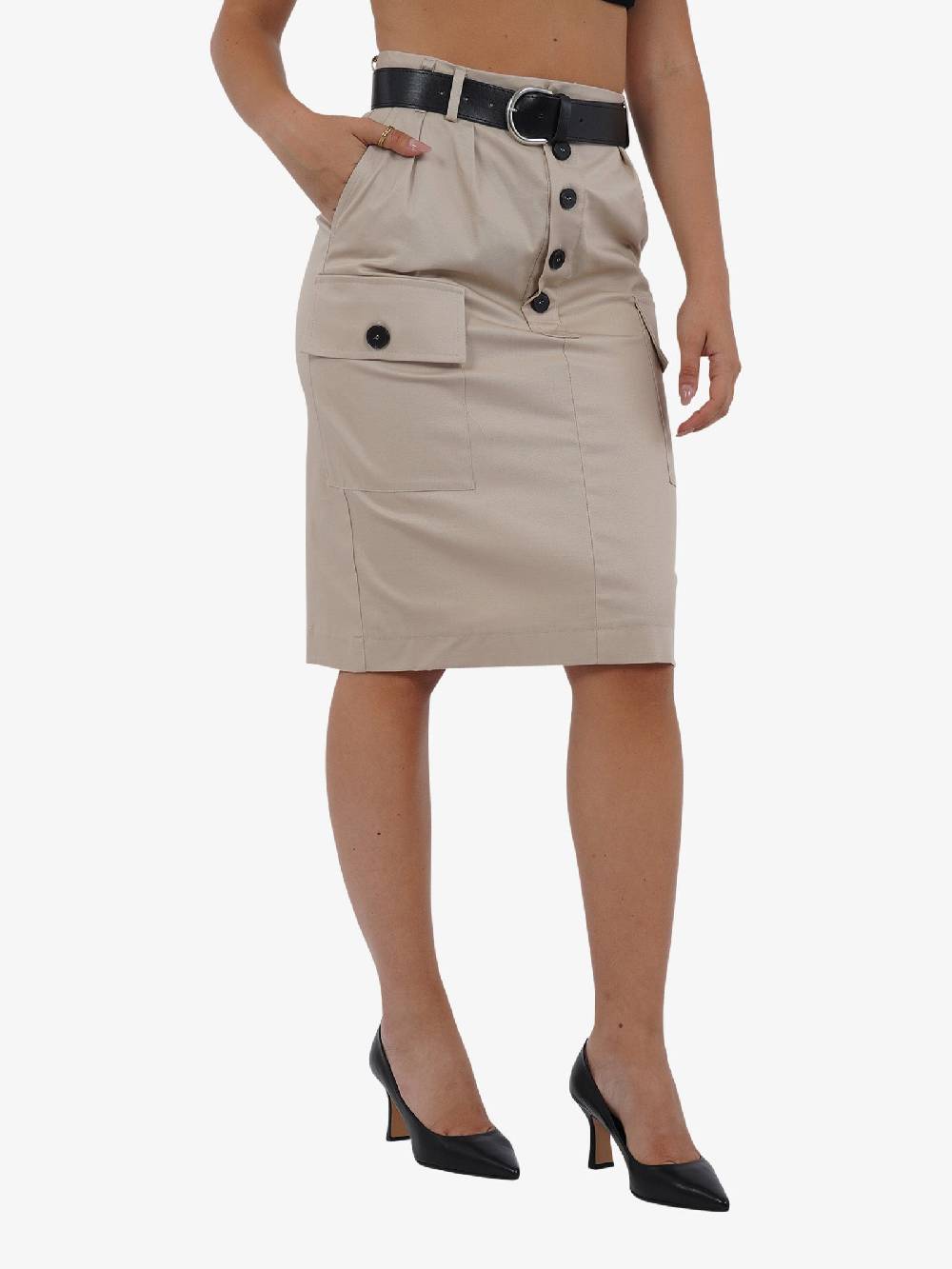 VICOLO Gonna midi con cintura TB0075 donna cotone beige Offerta Pasqua