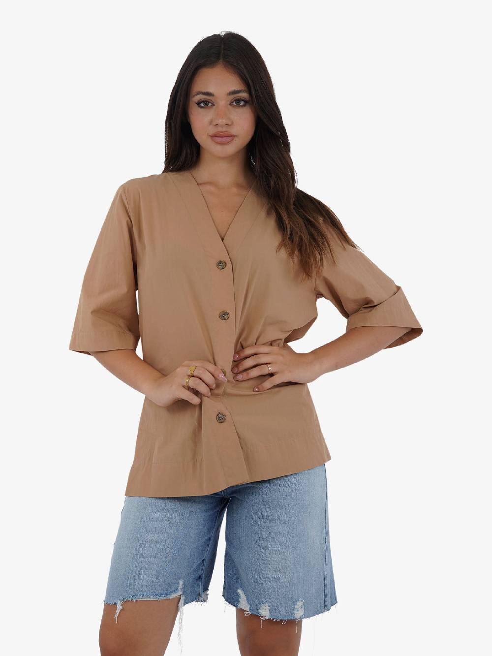 OTTOD'AME Camicia in popeline con mezza manica PCH_DC4940 donna cotone marrone Offerta Anniversario