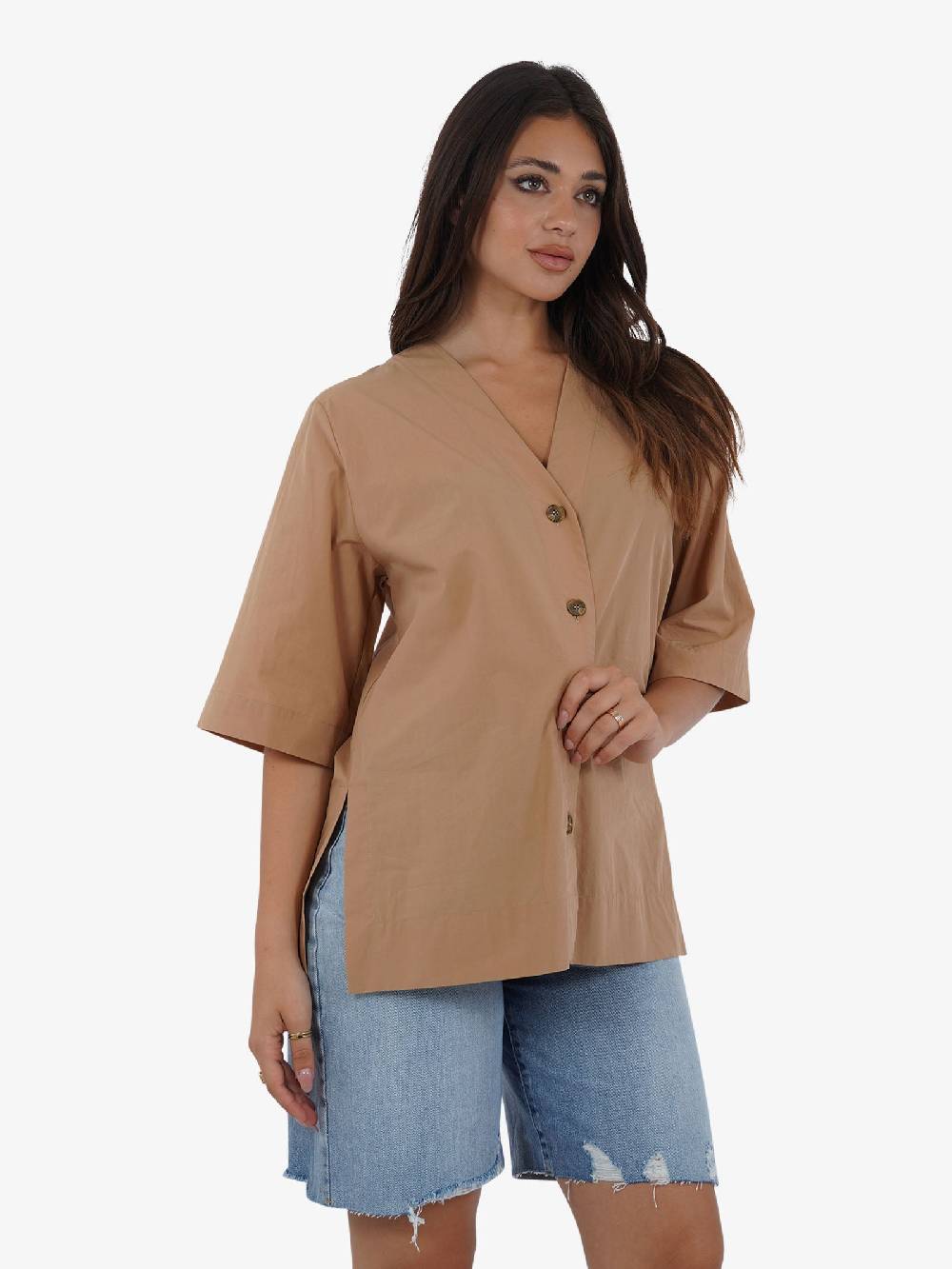 OTTOD'AME Camicia in popeline con mezza manica PCH_DC4940 donna cotone marrone Offerta Anniversario