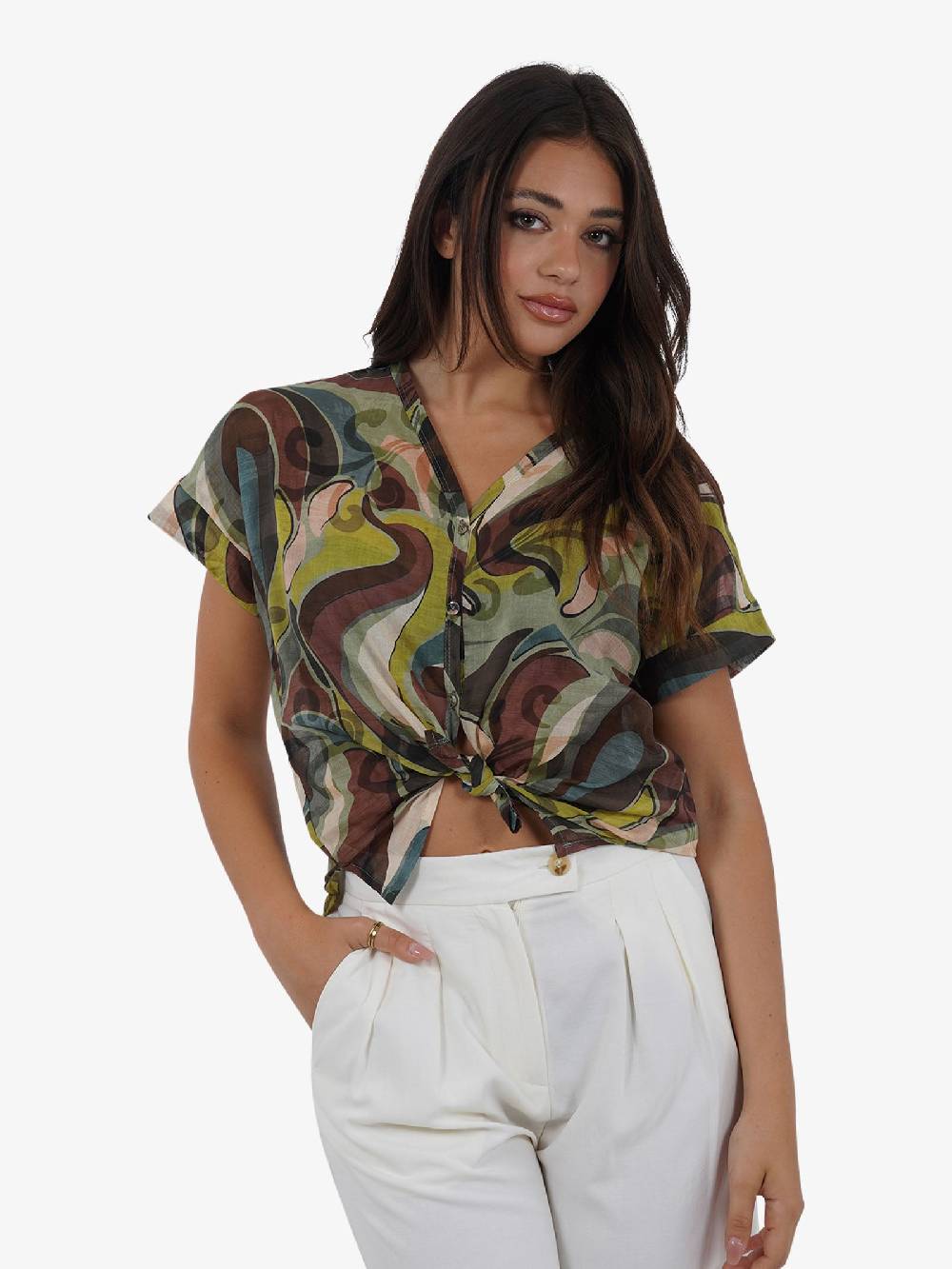HAVE ONE Camicia a stampa CFL-L162 donna cotone verde Smaltimento dello stoccaggio