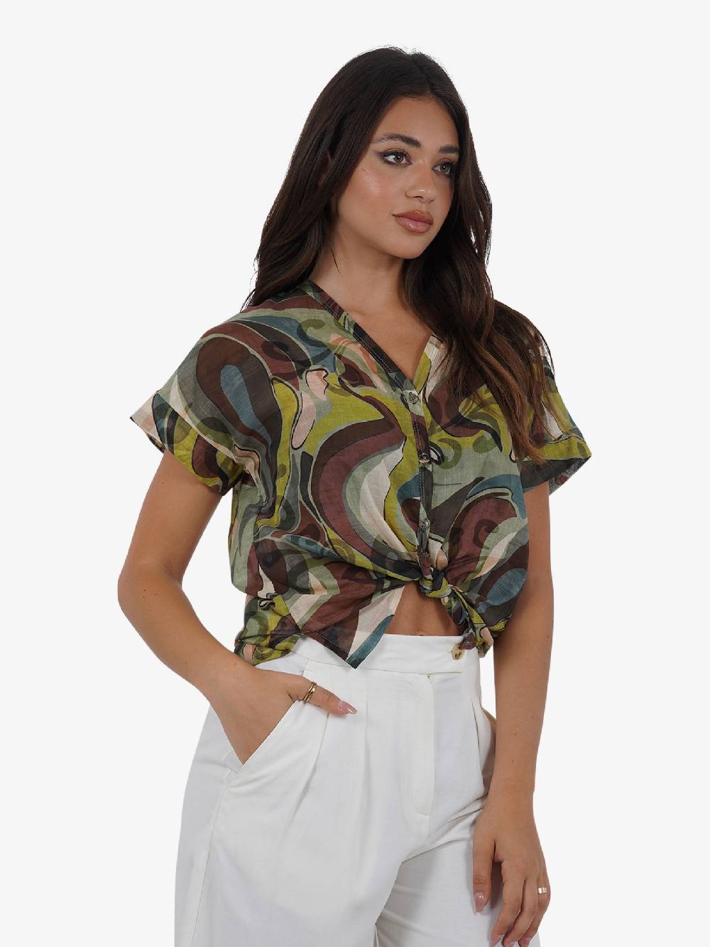 HAVE ONE Camicia a stampa CFL-L162 donna cotone verde Smaltimento dello stoccaggio