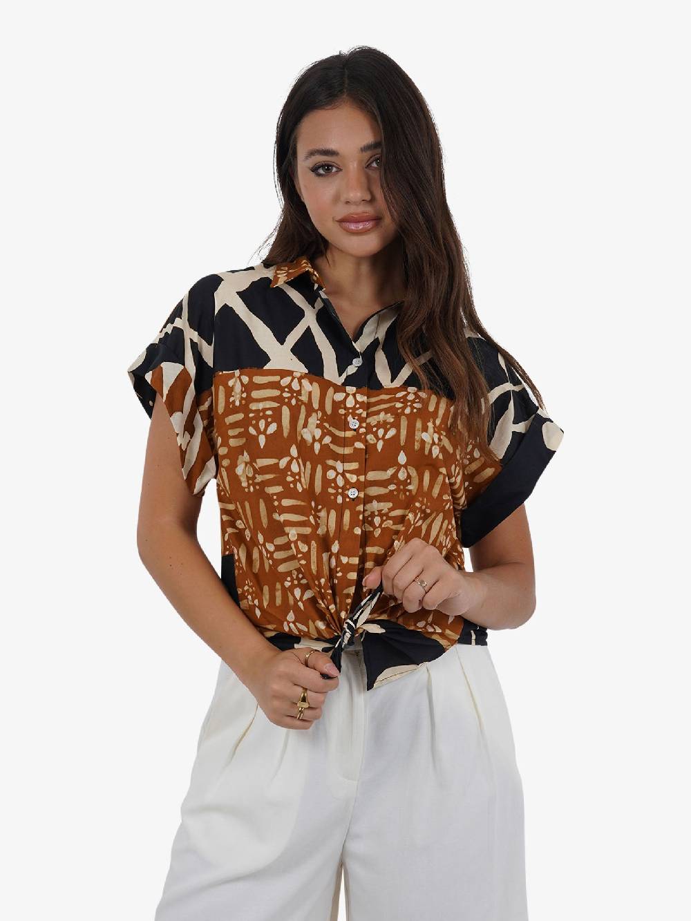 DIXIE Camicia fantasia geometrica CEGOUXV donna cotone marrone Vendita calda