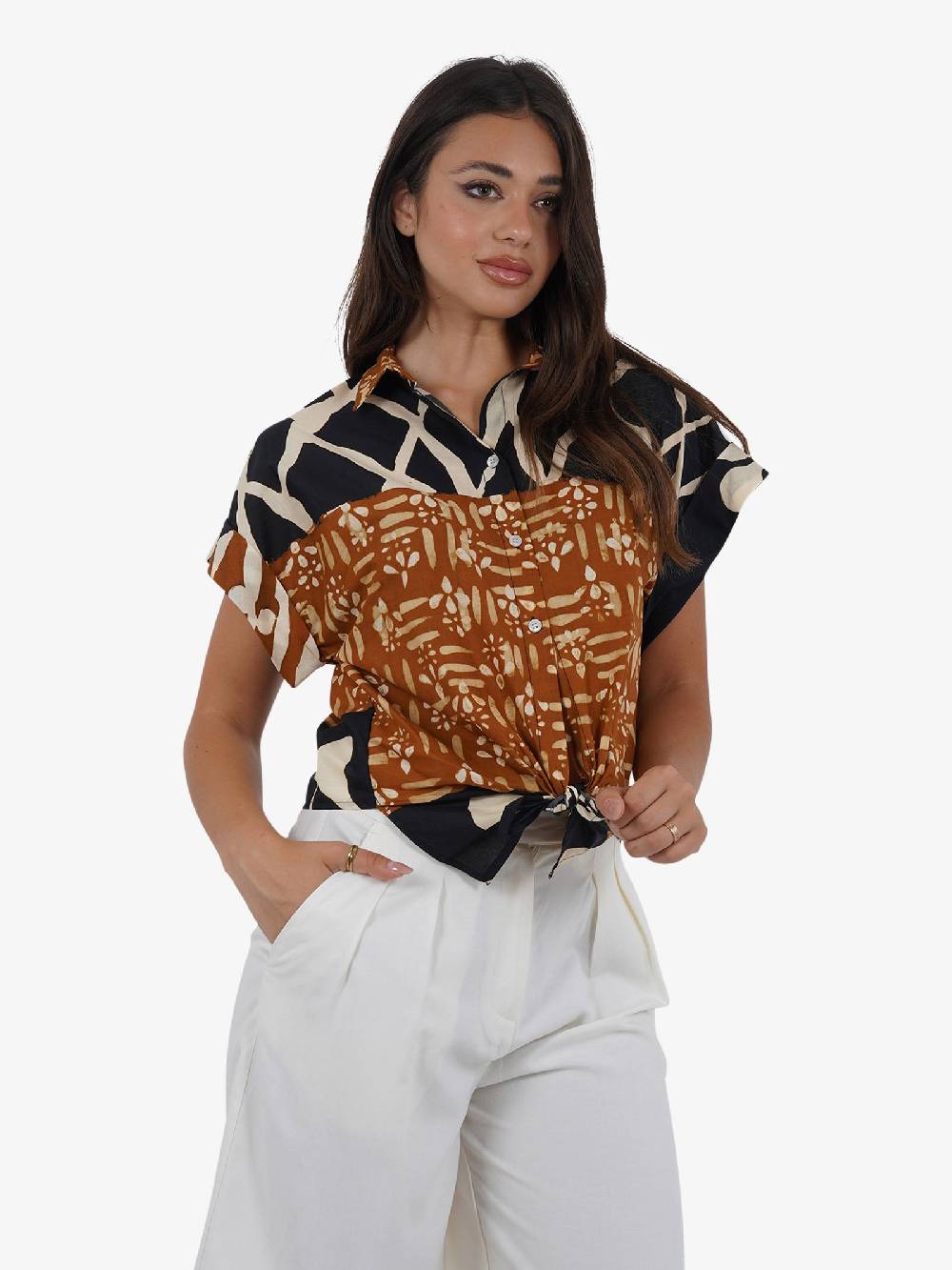 DIXIE Camicia fantasia geometrica CEGOUXV donna cotone marrone Vendita calda