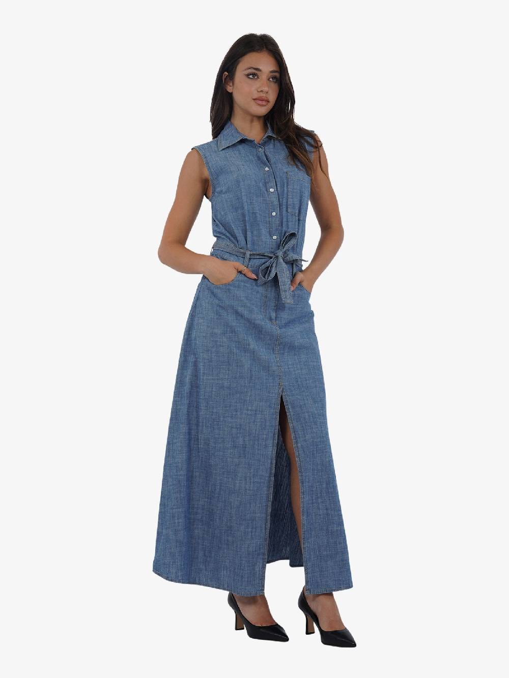 SEMICOUTURE Abito lungo con cintura in chambray S4SY16 donna cotone denim Online Outlet