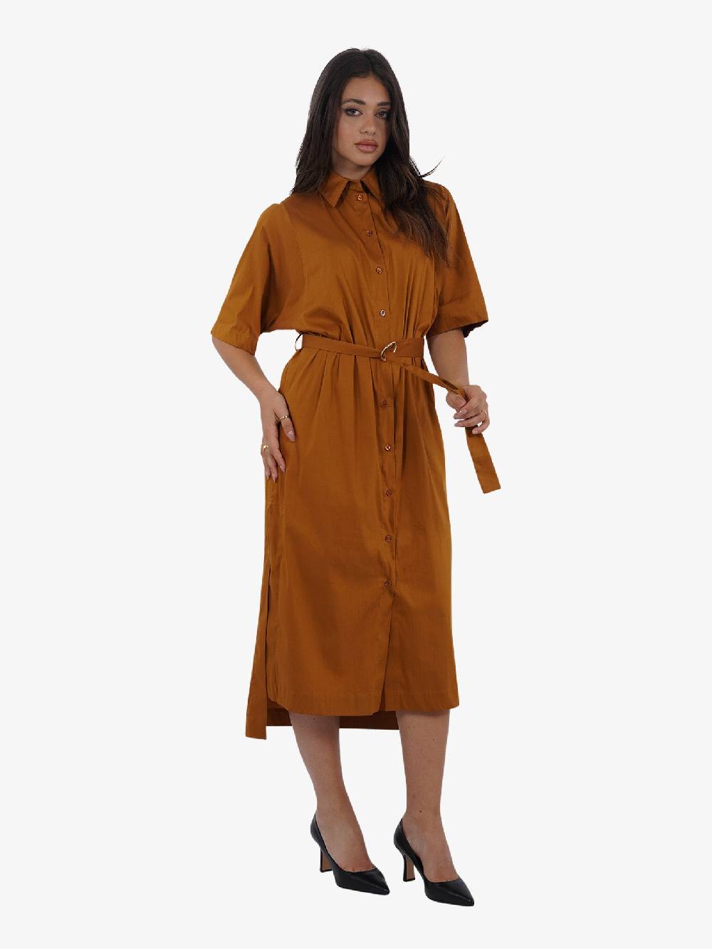 SEMICOUTURE Abito lungo con cintura S4SK28 donna cotone marrone Offerta temporanea