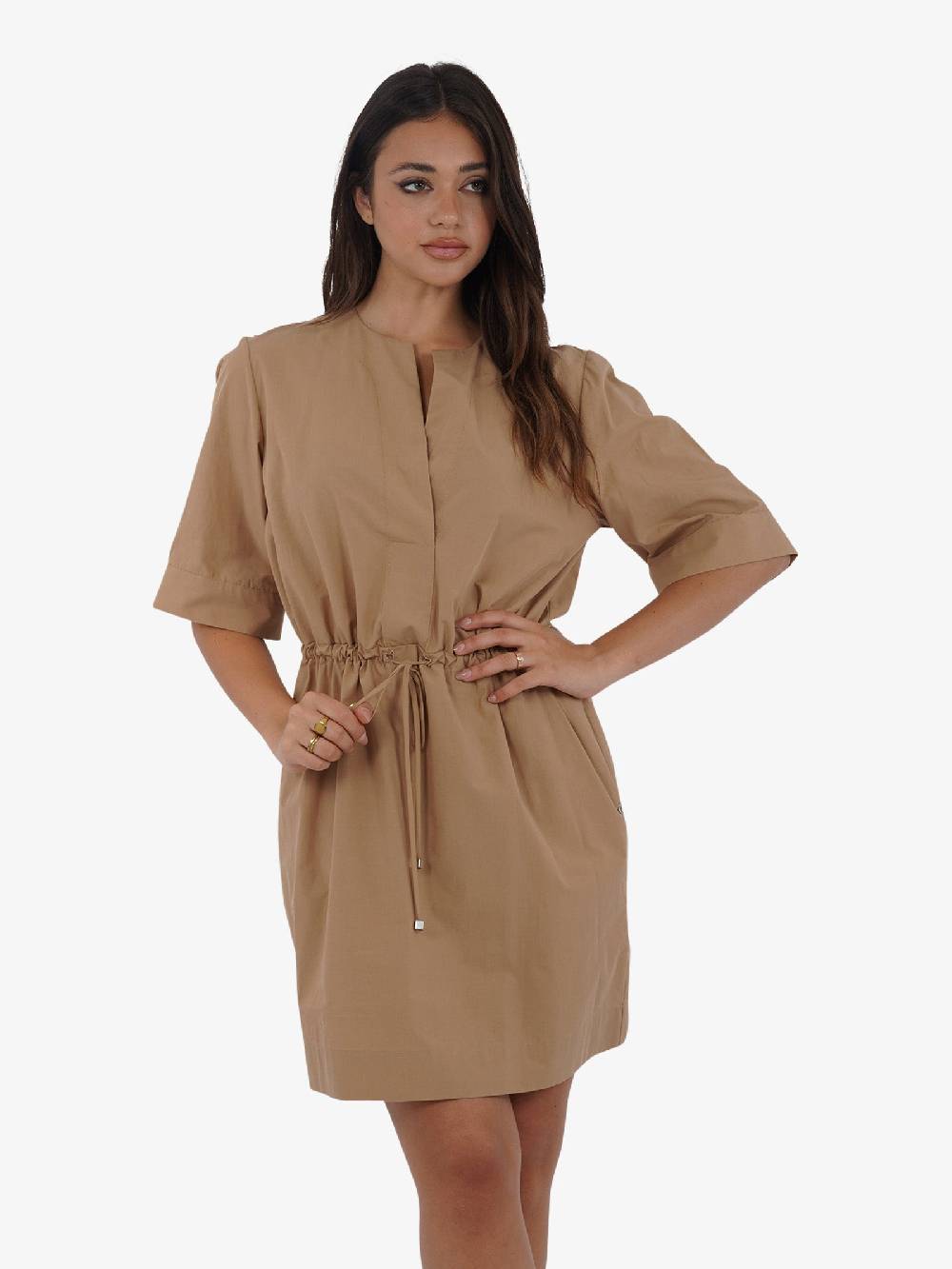 OTTOD'AME Abito corto in popeline con coulisse in vita PCH_DA5065 donna cotone marrone Offerte esclusive