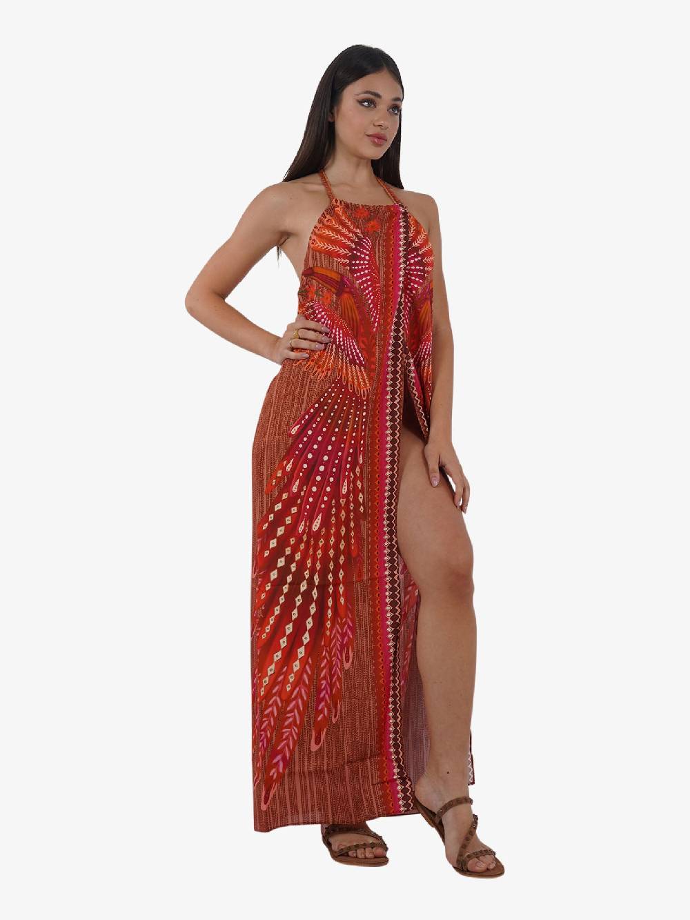 PIN UP Copricostume abito lungo aperto stampa wingsPE130A donna viscosa marrone Ultimi tre giorni