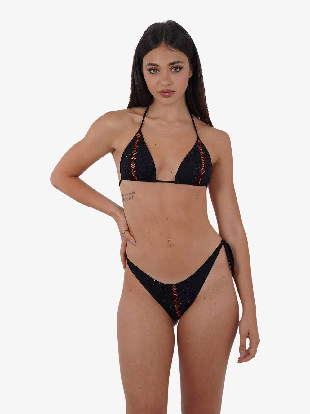 PIN UP Costume da bagno tbikini triangolo con cristalli PE020F donna nero Promozione temporanea