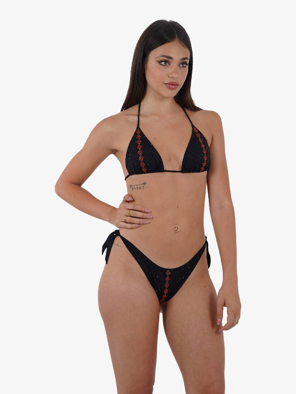 PIN UP Costume da bagno tbikini triangolo con cristalli PE020F donna nero Promozione temporanea