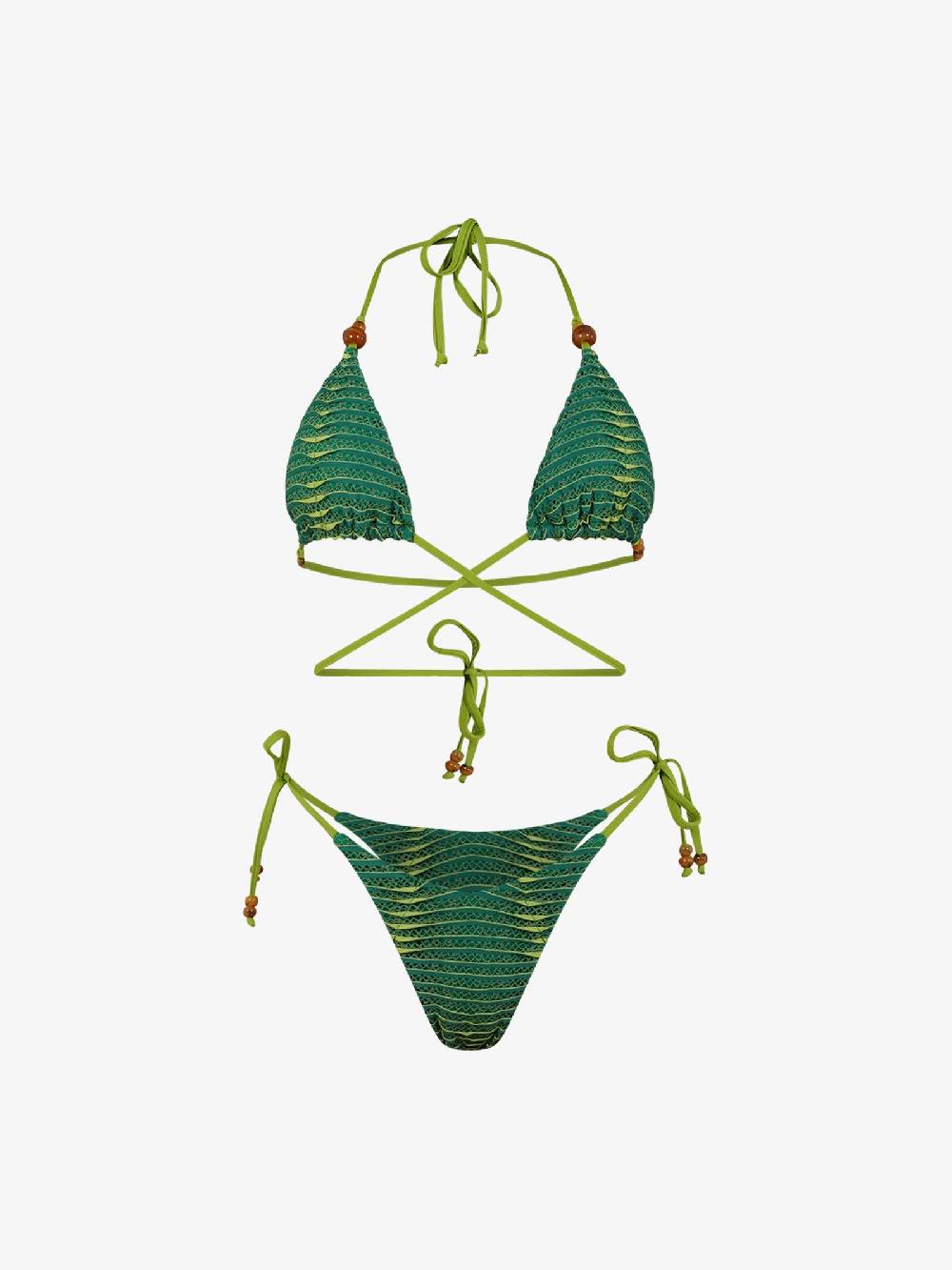 MISS BIKINI Costume da bagno bikini triangolo ondina con palline V4093S donna verde Solo un giorno rimasto