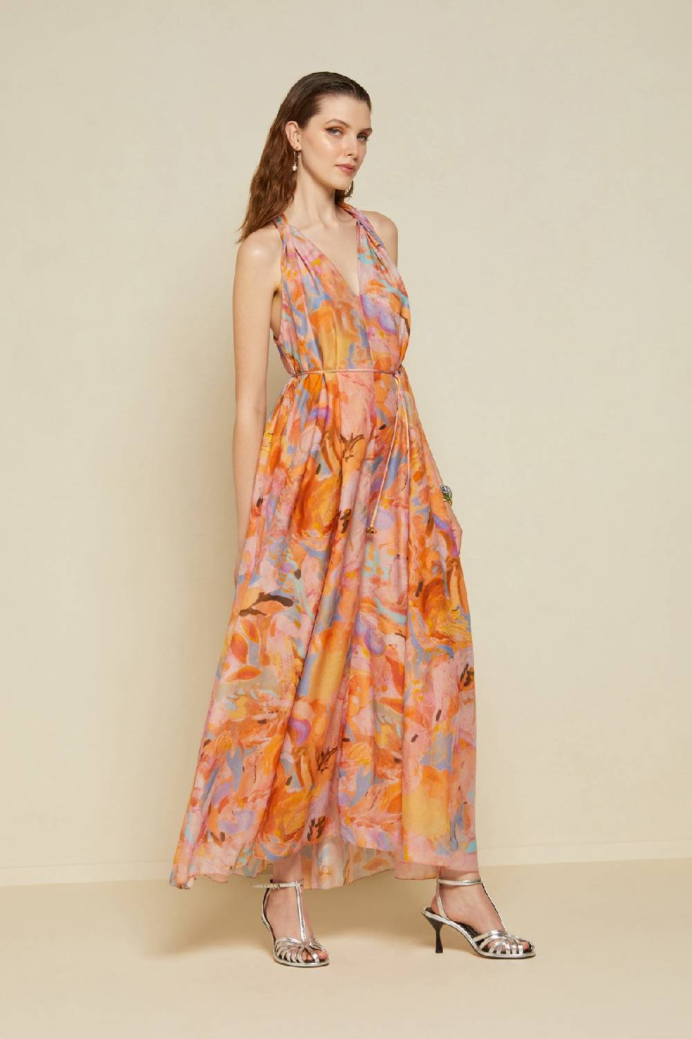 ottod'Ame Silk blend long dress with foulard neckline Online