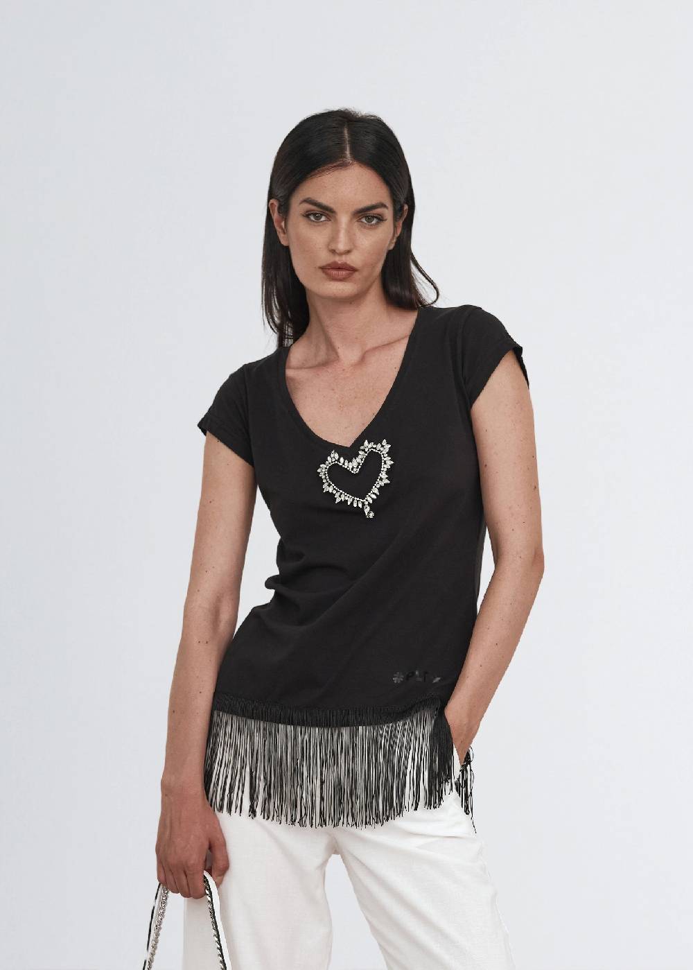 Paola T. T-shirt in cotone stretch con frange Soddisfazione Garantita