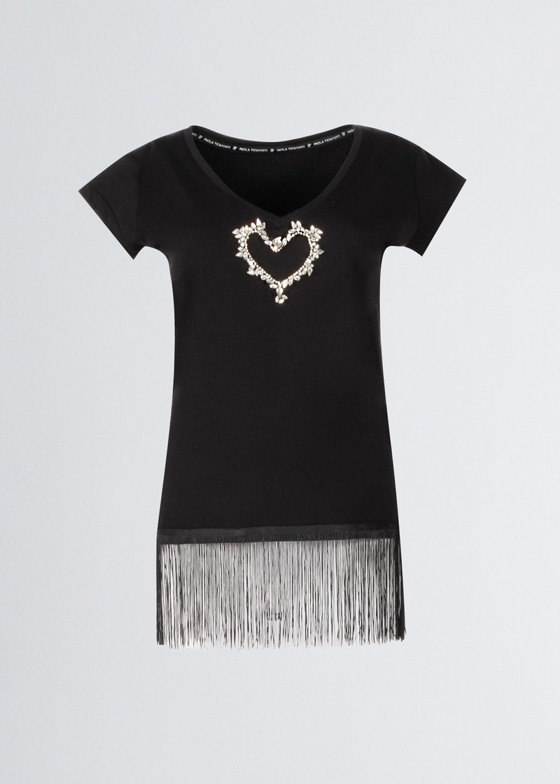 Paola T. T-shirt in cotone stretch con frange Soddisfazione Garantita