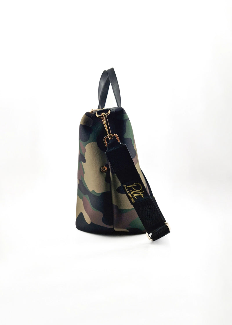 Paola T. Bauletto medium in neoprene camouflage con dettagli oro Qualità