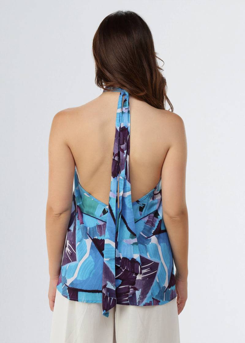 Paola T. Blusa in viscosa stampa Palm Blue Saldi Di Fabbrica