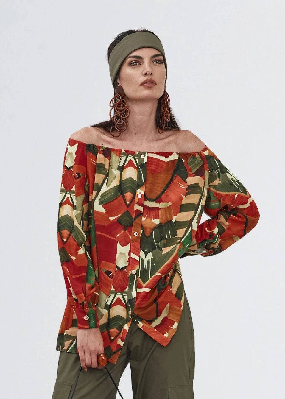 Paola T. Camicia in viscosa stampa Palm Orange Vendita