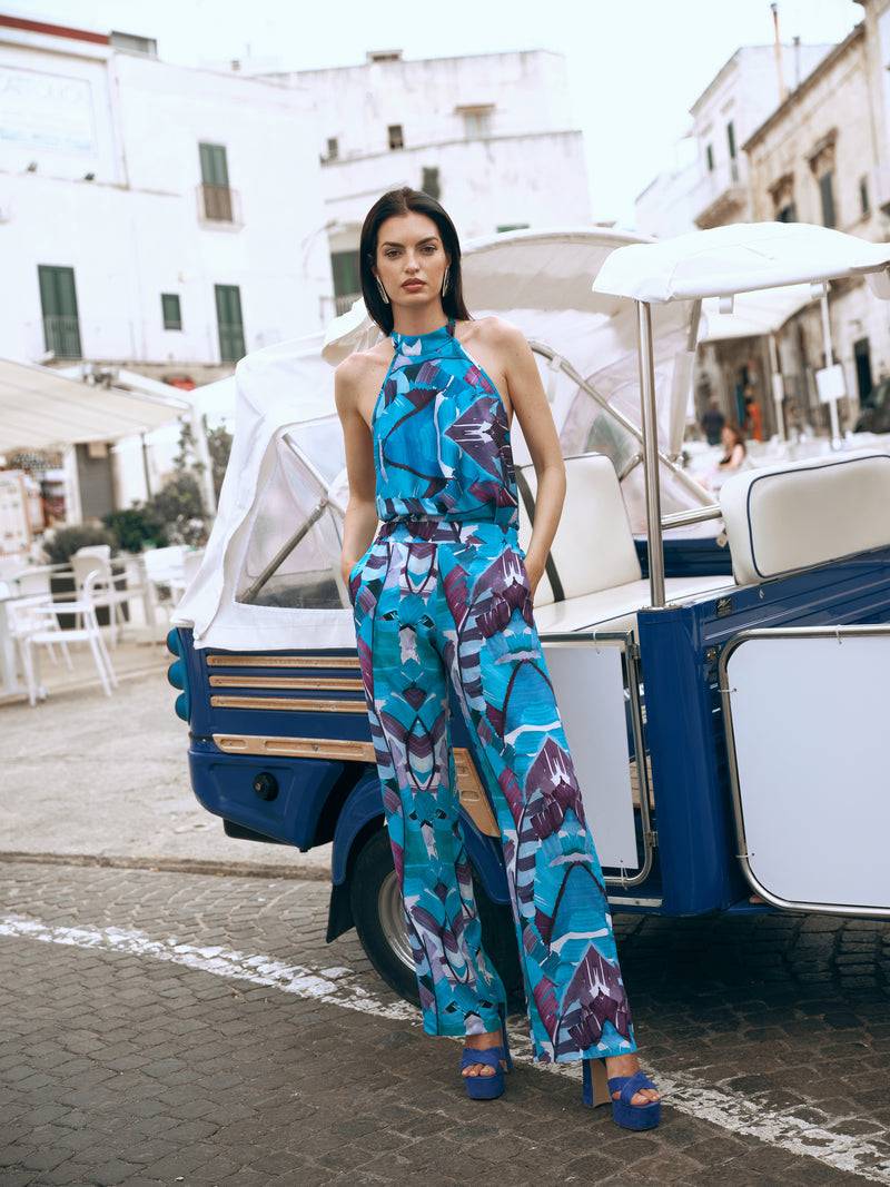 Paola T. Blusa in viscosa stampa Palm Blue Promozione Limitata