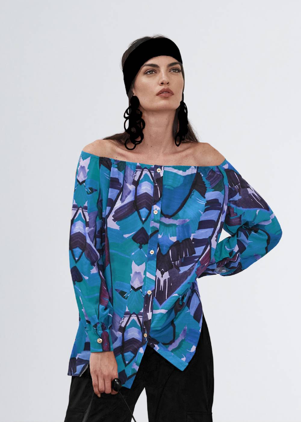 Paola T. Camicia in viscosa stampa Palm Blue Fino Al -60%