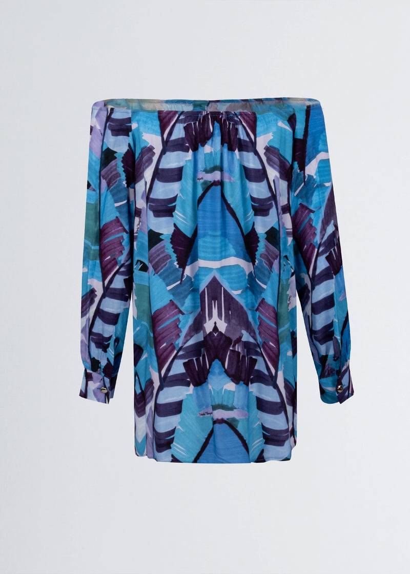 Paola T. Camicia in viscosa stampa Palm Blue Fino Al -60%