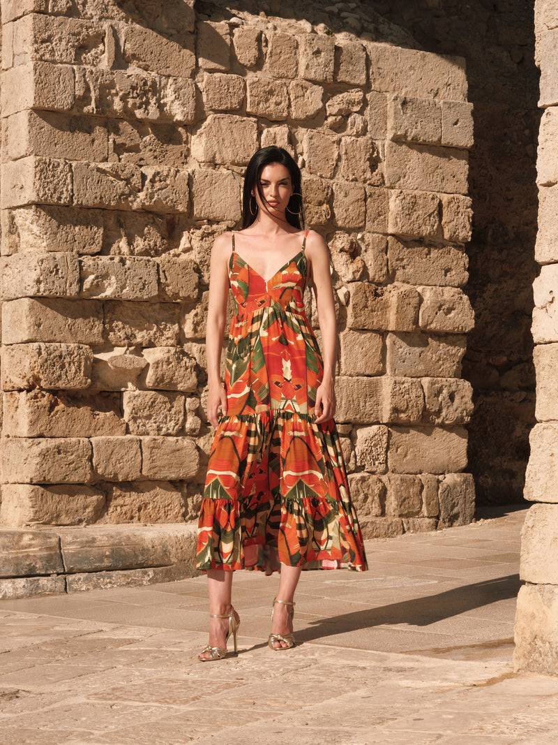 Paola T. Abito lungo in viscosa stampa Palm Fino al 50% di sconto