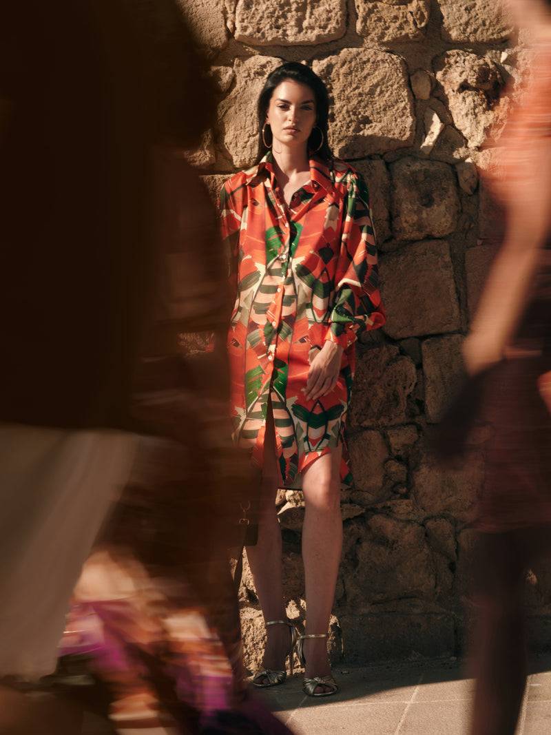 Paola T. Abito in viscosa stampa Palm Offerta speciale della fabbrica