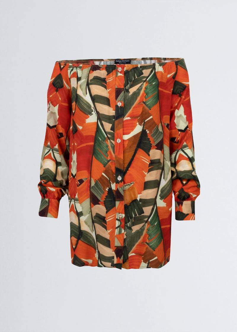 Paola T. Camicia in viscosa stampa Palm Orange Sostegno trimestrale