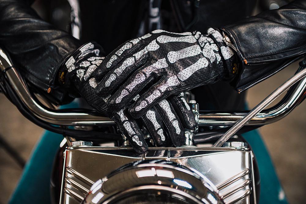 Rude Riders Guanti moto in pelle Bones Black Novità