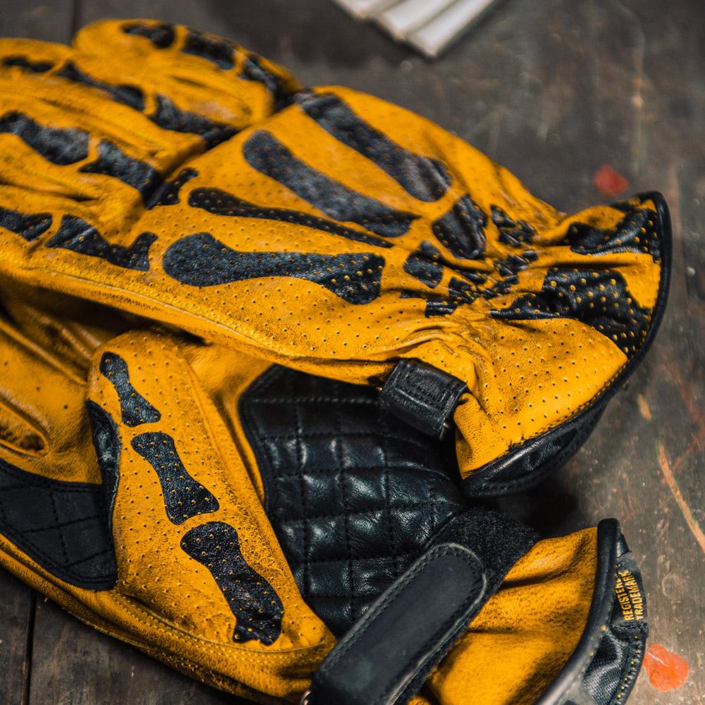 Rude Riders Guanti moto in pelle Bones Yellow Presa