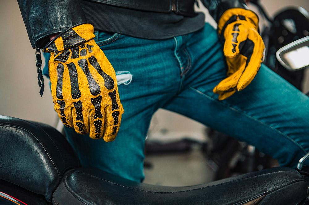 Rude Riders Guanti moto in pelle Bones Yellow Presa