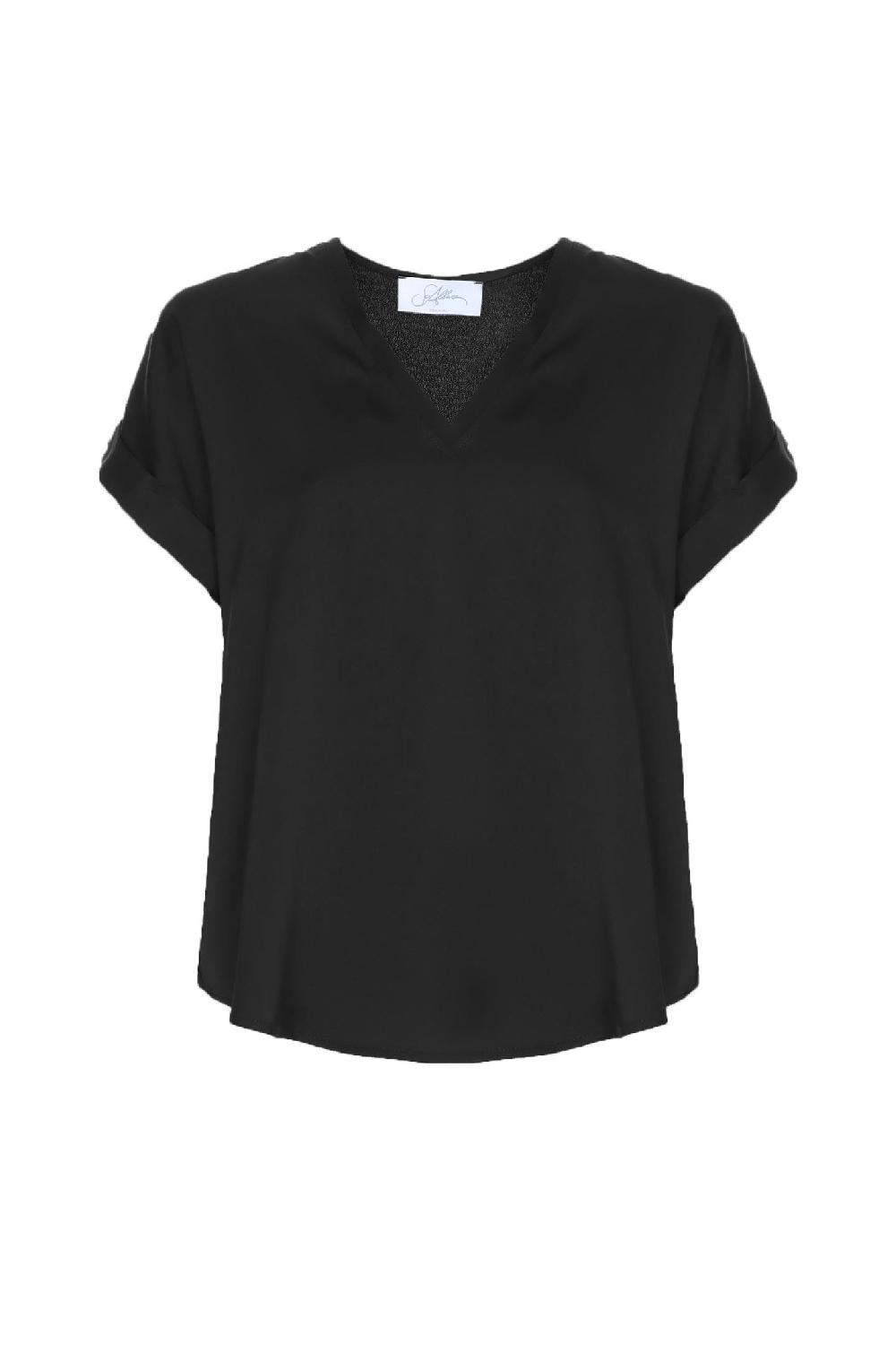 Soallure BLUSA SCOLLO A V MANICA CORTA IN RASO Nuovo