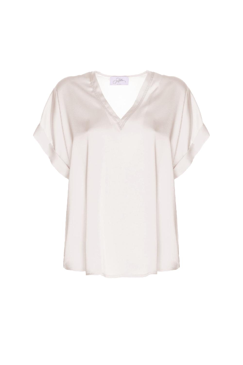 Soallure BLUSA SCOLLO A V MANICA CORTA IN RASO Nuovo