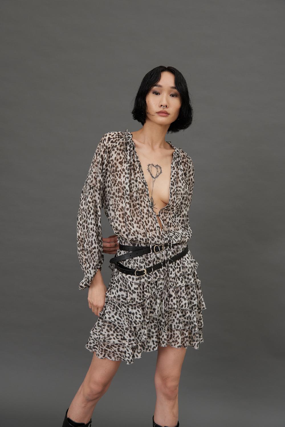 Soallure BLUSA CON SCOLLO PROFONDO A FANTASIA LEOPARDATA Nuova