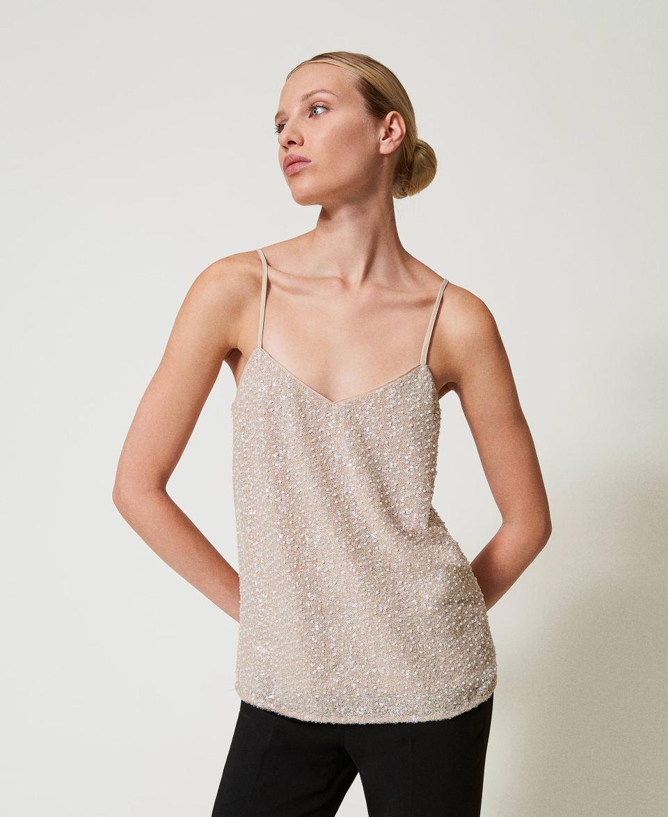 Twin Set Top con paillettes e perle Consegna Veloce