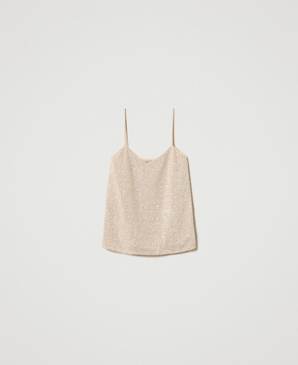 Twin Set Top con paillettes e perle Consegna Veloce