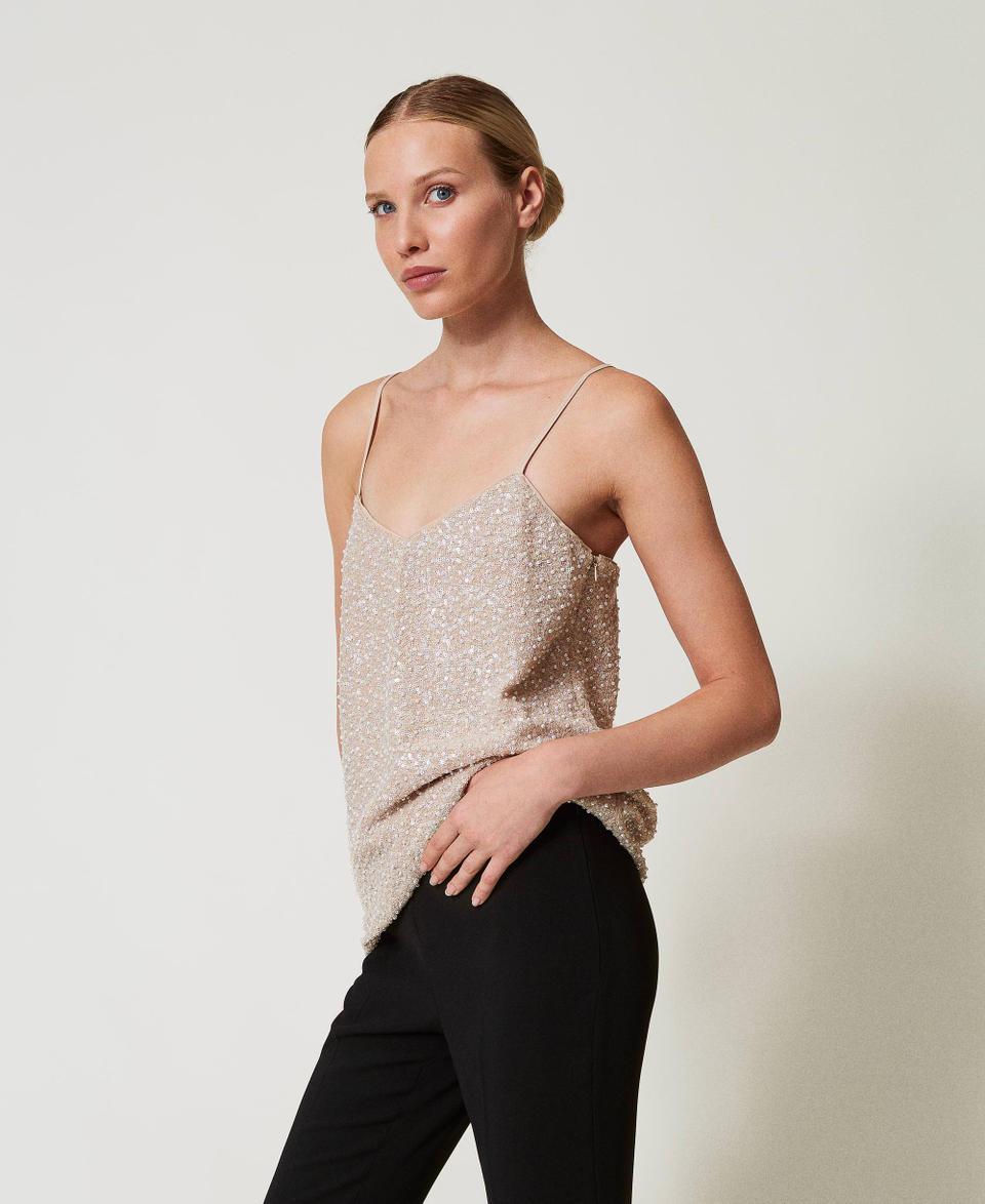 Twin Set Top con paillettes e perle Consegna Veloce