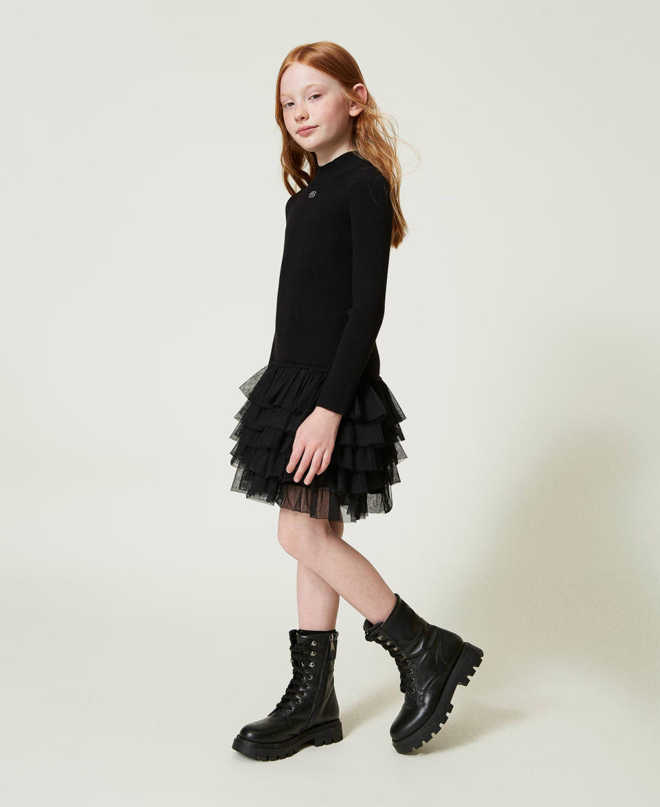 Twin Set Abito in maglia a costine con tulle 2025
