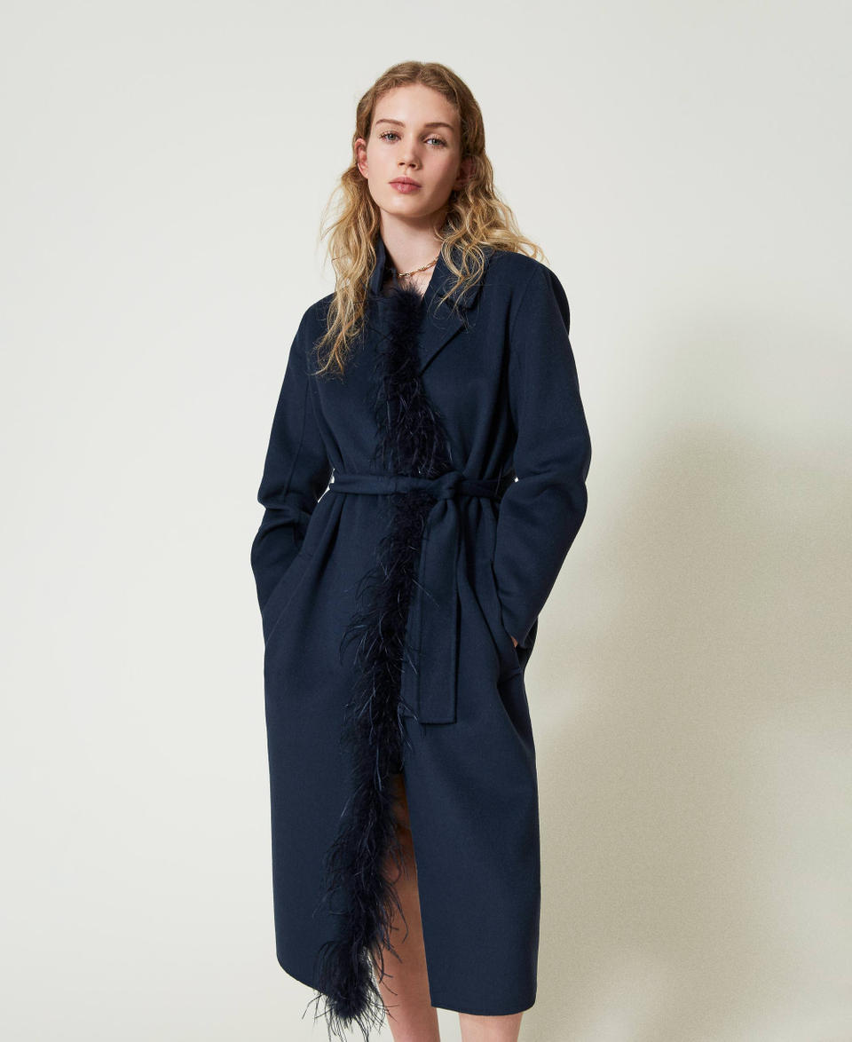 Twin Set Cappotto in panno double misto lana con piume Spedizione Gratuita