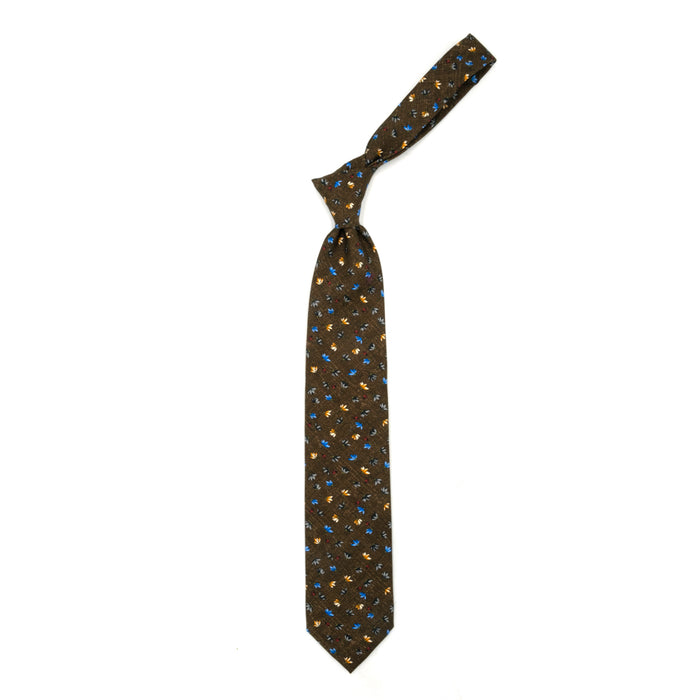 Ulturale Cravatta marrone con fiori azzurri grigi e beige in seta– Ulturale Sconto