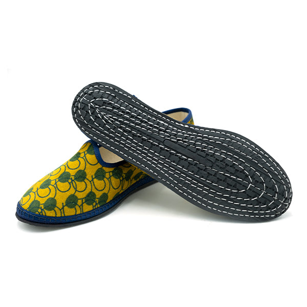Ulturale Furlane con pattern astratto giallo e verde e bordo blu in 100% velluto di cotone - Ulturale Italy